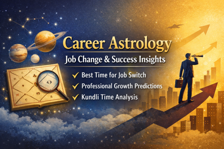 Career astrology illustration showing kundli chart and job success prediction using kundli time
