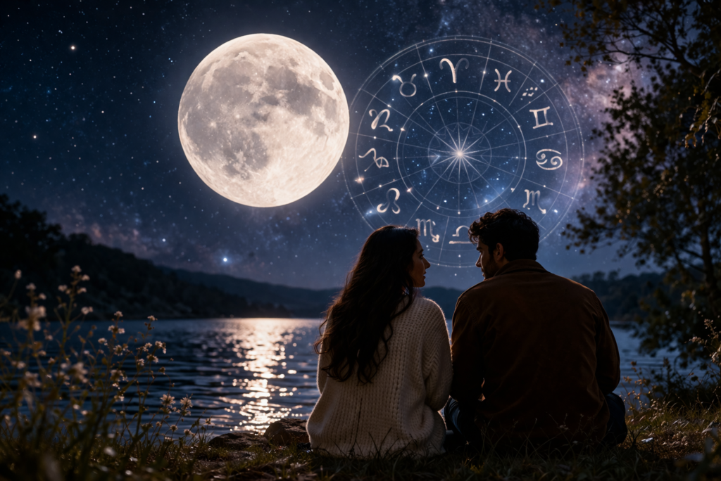 A serene illustration of a couple sitting by a moonlit lakeside, with a glowing full moon and a translucent zodiac wheel radiating in the starry night sky, symbolizing the influence of moon signs on emotions and relationships.