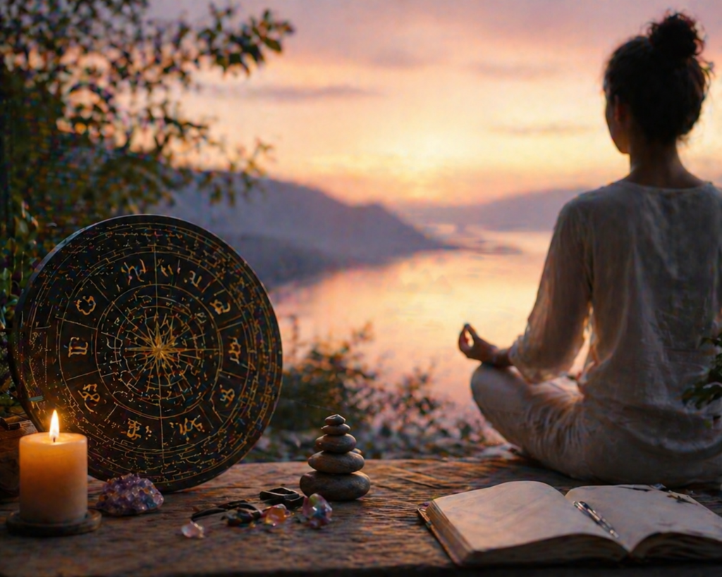 A tranquil scene featuring a person meditating in front of a zodiac chart, with warm sunset light casting a peaceful glow. Spiritual items like candles, crystals, and plants surround the scene.