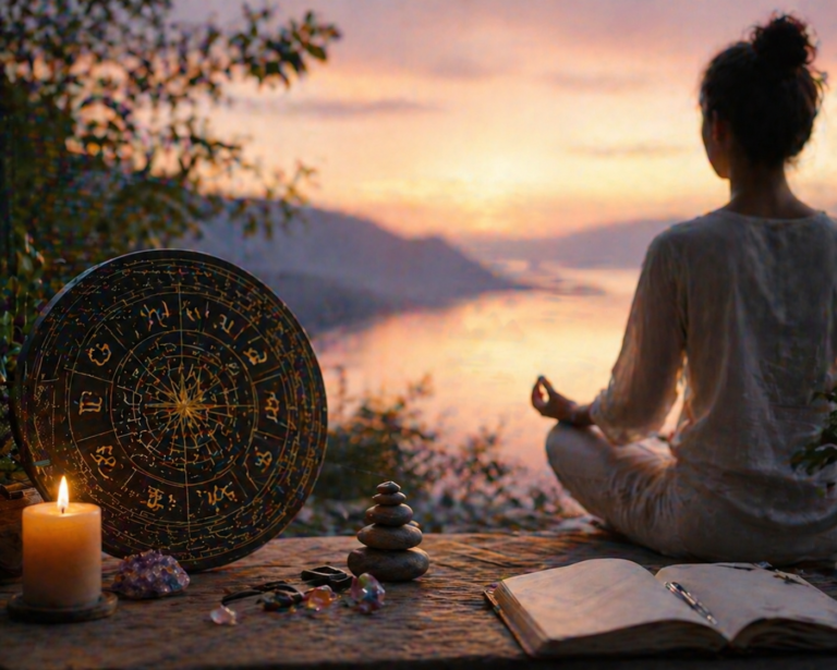 A tranquil scene featuring a person meditating in front of a zodiac chart, with warm sunset light casting a peaceful glow. Spiritual items like candles, crystals, and plants surround the scene.