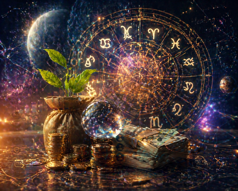 Astrological zodiac wheel with symbols of wealth, coins, currency, and a sprouting plant in a cosmic nebula background.
