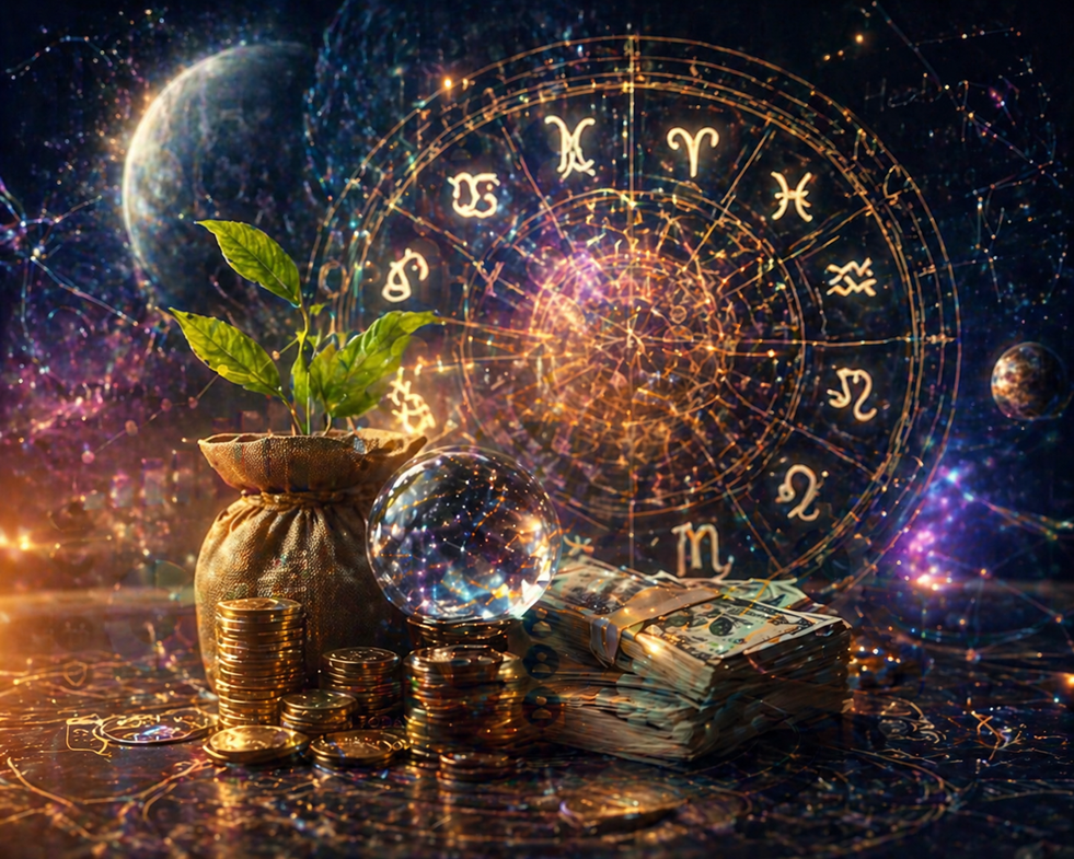 Astrological zodiac wheel with symbols of wealth, coins, currency, and a sprouting plant in a cosmic nebula background.