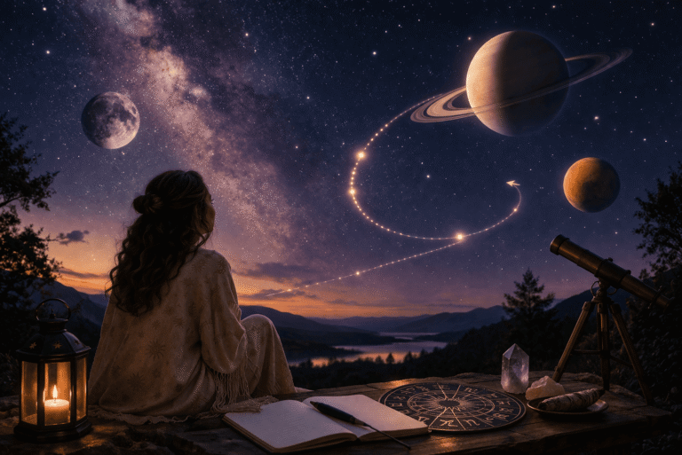 A mystical, cosmic scene featuring a person on a rocky ledge gazing at the star-filled sky, surrounded by astrology tools, a glowing planet with rings, and celestial bodies.