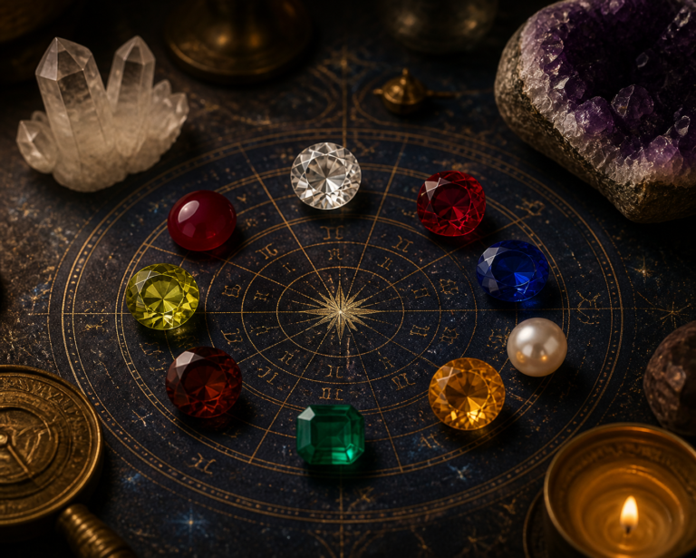 A mystical, astrology-inspired setting featuring a gold-etched astrological chart surrounded by colorful gemstones and crystals. The detailed scene includes warm candlelight and celestial elements, creating an enchanting atmosphere.