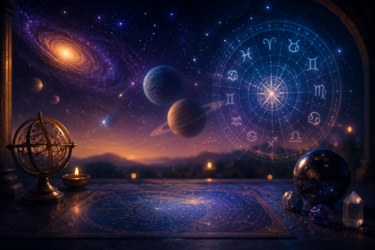 Mystical astrology scene with planetary charts, crystal stones, and cosmic elements, representing AI-powered astrology insights for modern seekers.