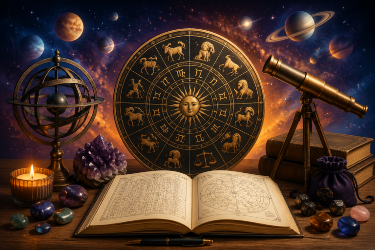 Zodiac wheel, planets, celestial objects, crystals, and open astrology book on wooden table with cosmic backdrop