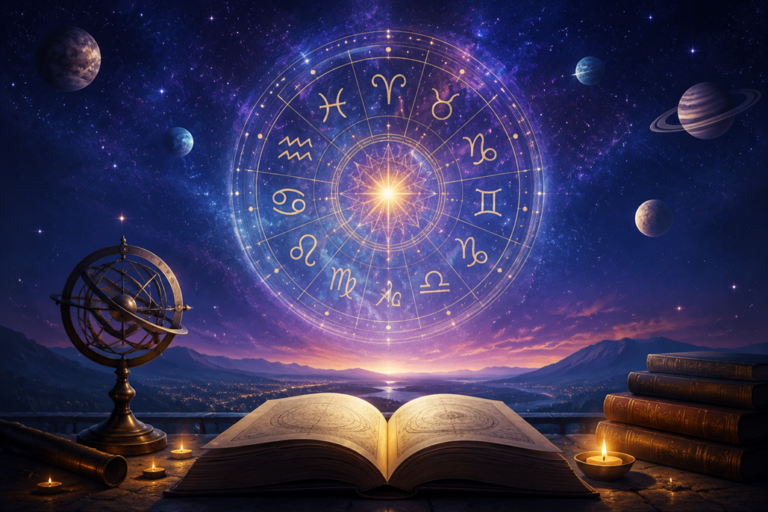 Astrology and Kundli illustration with zodiac wheel, planets, and cosmic night sky